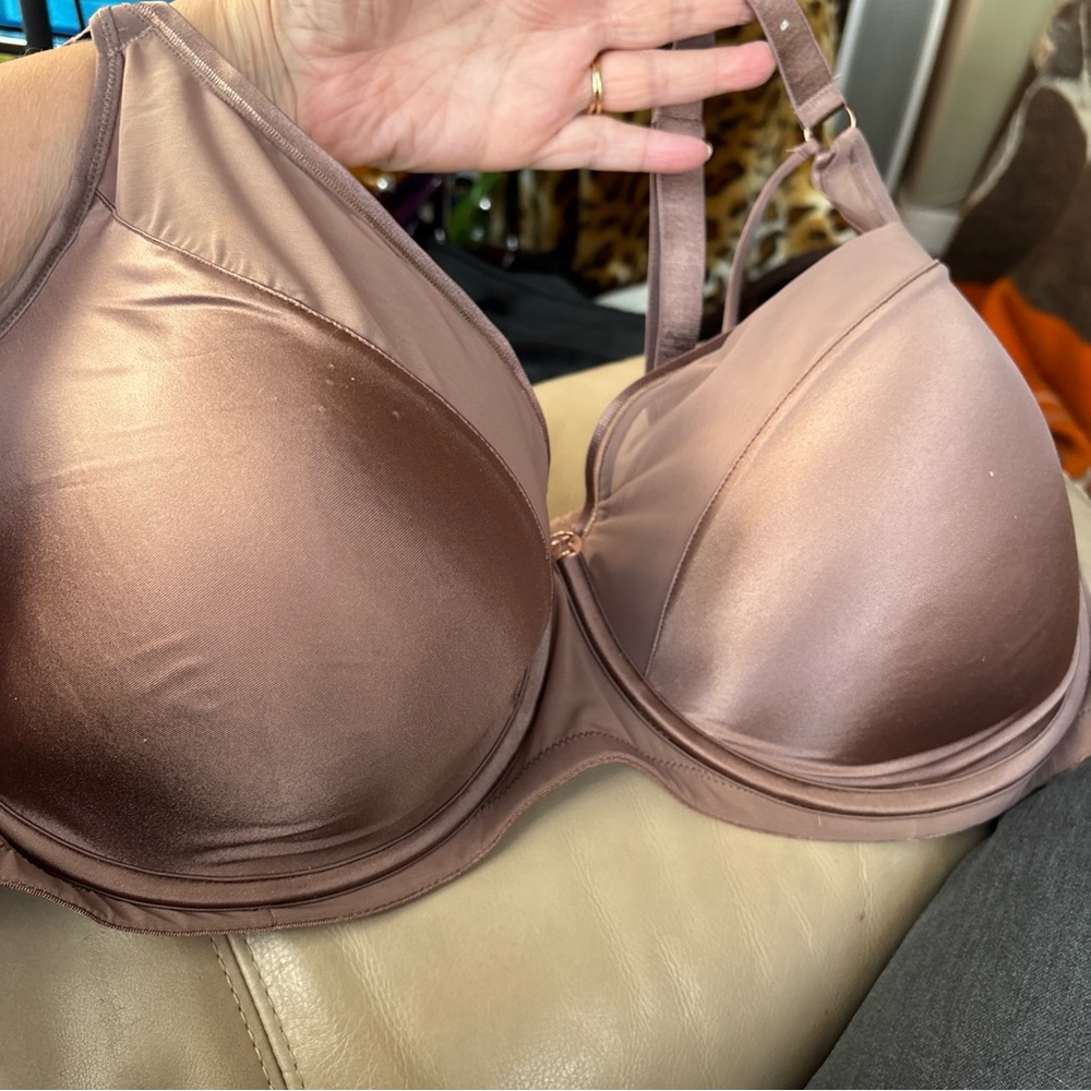 Ashley Graham Brown Satiny Mesh Panel Full Support Underwire Bra Size 42H. New!